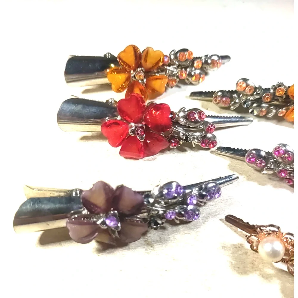 Lot Of 8 Hair Barrette Alligator Clips Silver Gold Tone Red Orange Purple...